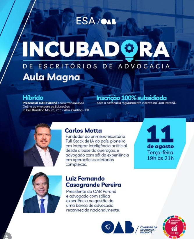 OAB Paraná lança Incubadora de Escritórios de Advocacia com aulas magnas no Dia do Advogado