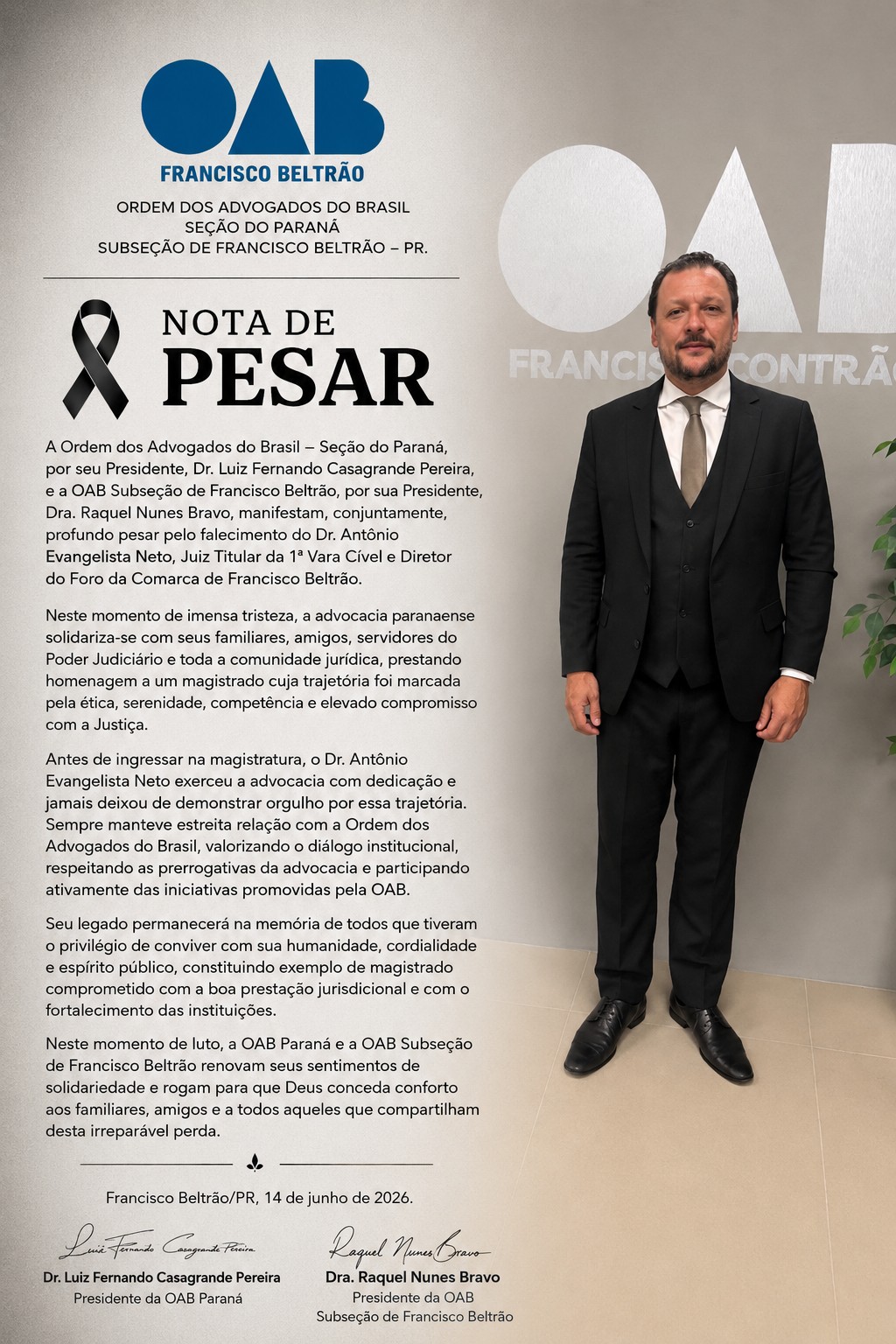 OAB Paraná lamenta o falecimento do juiz Antônio Evangelista Neto